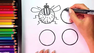 Как нарисовать муху, божью коровку, паука, пчелу из кружочка. Английский. Развивающее видео детям.