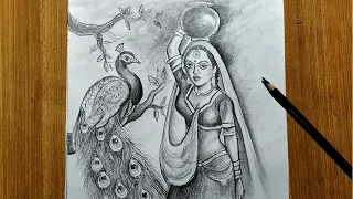 how to draw rajashthani girl,how to draw a girl,how to draw village girl,pencil sketch scenery draw