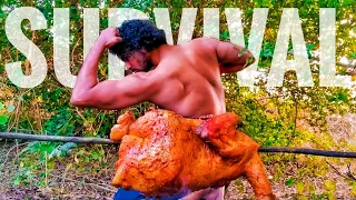 SURVIVAL Alon in The Forest |Hang-Roasted Chicken Primitive Cooking Wildlife | BBQ | Tribe Lifestyle
