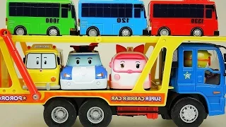 Robocar Poli car toys and Tayo bus on Pororo Carrier car