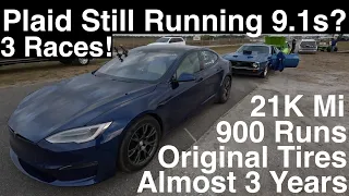 Tesla 9.1 ETs? On 3yr-old Summer Tires? 1/4mi vs Drag Trucks! Rematch vs 521ci Mach1! 3 Races in 4K!