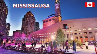 4K🇨🇦 Discover CANADA - MISSISSAUGA Downtown Walk 🎄Skating Rink at City Hall and City Night Streets