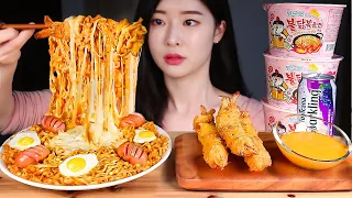 ASMR 3 CUPS OF CHEESY CARBO FIRE CUP NOODLES * CRISPY DEEP-FRIED SHRIMP SAUSAGE FRIED EGGS MUKBANG
