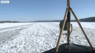 Boat trip on frozen Hudson river in New York