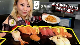 HOW MANY PLATES CAN I EAT?! Revolving Sushi Bar in Las Vegas!!! #RainaisCrazy - Sapporo Sushi