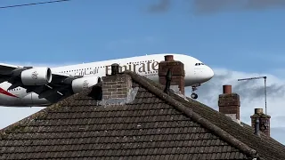 Emirates A380 flying over houses 🏘️ at Birmingham #planespotting #birminghamairport