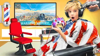 9 Year Old Plays WARZONE While Getting A Haircut At The Barbershop!