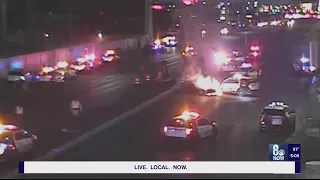 Driver nearly hit tourists, officers in chase near Las Vegas Strip that ended in fire