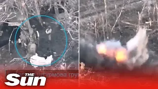 Ukrainian 217th Battalion fires artillery at Russians hiding in trenches in a tree-line