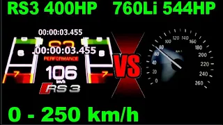DRAG RACE BMW 760  li 544 HP VS Audi RS3 400 HP Acceleration sound 0 250 km/h