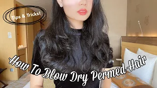HOW TO DRY PERMED HAIR + Tips For Long Lasting Curls! Blowout Bouncy Curly Hair At Home 轻松整理在家吹出大卷发~