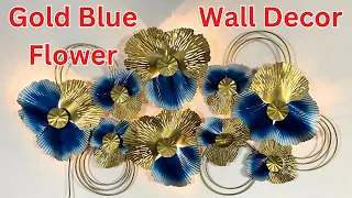 Ethereal Glow: Big Golden Blue Flower Wall Art Enhanced with LED Lights @antaryuga