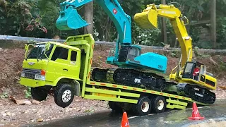 RC TRUK HINO RANGER TOING LOADING 2 YUNIT RC EXSAVATOR SEKALIGUS KE TAMBANG BATU BARA versiminiatur