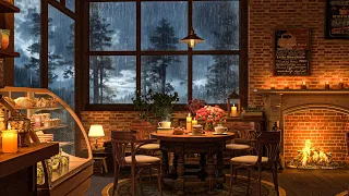 Relaxing Piano Jazz Music at Cozy Coffee Shop Ambience in Rainy Night & Crackling Fireplace for Work