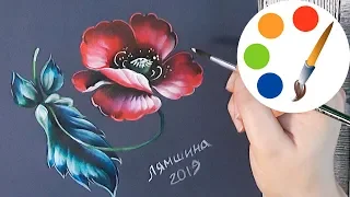Zhostovo style by a filbert brush, Paint a Red Poppy, Acrylic painting