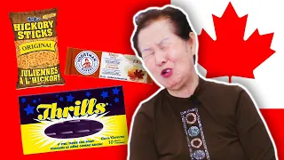 Korean Grandma Tries CANADIAN SNACKS🍁 (Gum that tastes like SOAP?!)