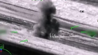 Russian Ka-52 helicopter destroys Western tank of Ukraine using guided missiles, Thermal Imager view