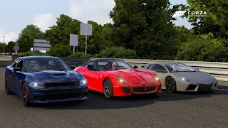 Forza 6 Drag race: Dodge Charger SRT Hellcat vs Ferrari 599 GTO vs Reventon