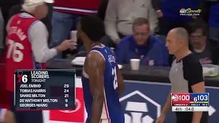 Embiid lets the refs know that the Sixers plan to foul