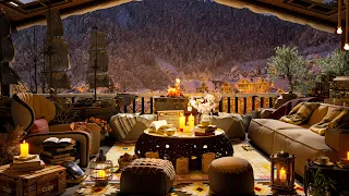 Winter Cozy Porch in Mountains with Peaceful Piano Music, Bonfire, Snow Falling & Blizzard Sounds 4K