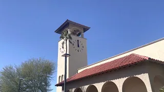 Verdin Clock Strikes Noon at R. H Johnson Library in Sun City West AZ(Westminster + National Anthem)