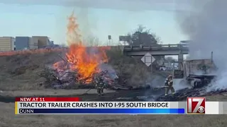 2 injured, I-95 reopens after fiery tractor-trailer crash near Dunn in Harnett County