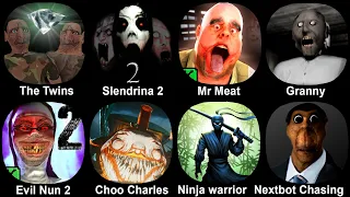 The Twins, Slendrina 2, Mr Meat, Granny, Evil Nun 2, Choo Charles, Ninja Warrior 2, Nextbot Chasing