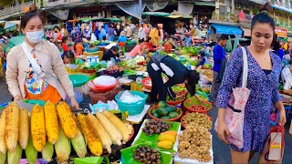 Cambodian Daily Lifestyle at Orussey Market street food - fresh fruit, Vegetable, fish & More food
