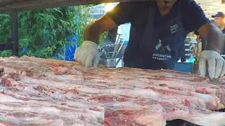 Italy Street Food. Huge Blocks of Juicy Meat on Grill and more Great Food