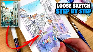 How to Sketch a STREET DOWNHILL (Loose Urban Sketching Step By Step)