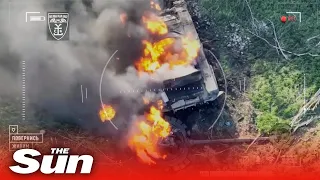Russian 'Z' tank EXPLODES & suffers Jack-in-the-box effect after rolling over mine