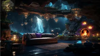 Ambiance Grotte Féerique : Salon avec Son de Cascade, Cheminée et Nature la Nuit | Relaxation 🌌✨