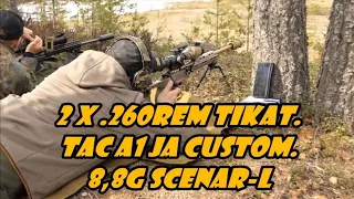 Kaksi .260 Rem Tikkaa. TAC A1 ja Krieger SS CTR, KRG C-4, Zcomp ZC840, Lapua Scenar-L 8,8g, Jaki