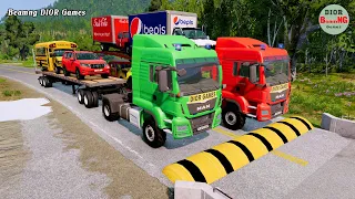 Double Flatbed Trailer Truck vs speed bumps|Busses vs speed bumps|Beamng Drive|486