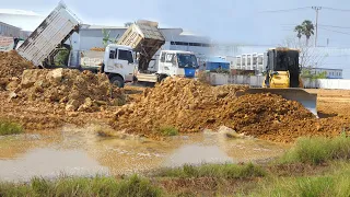 New project Bulldozer KOMATSU D51PX Push Stone and Dump Truck Unloading