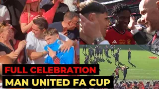 Garnacho celebrating with family, Ten Hag and Bruno Fernandes lifting FA Cup