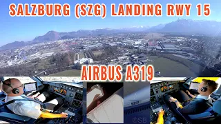 Salzburg (SZG) | scenic Airbus approach towards the alps to runway 15 | pilots + cockpit  view | 4k