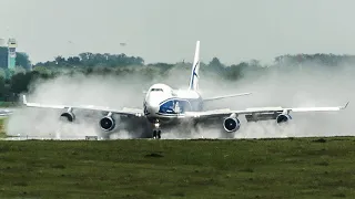 BOEING 747 LANDING on a WET RUNWAY with lots of WATER SPRAY (4K)