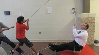 Single and compound pulleys review - lifting our principal // Homemade Science with Bruce Yeany