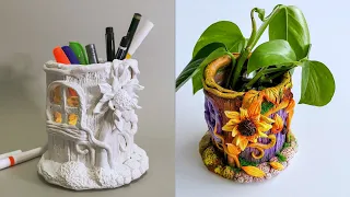 Sunflower Fairy House DIY Pencil Holder/ Planter - Plastic Bottle, Cardboard & Clay Craft Idea