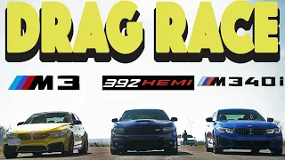 2020 BMW M340i vs Dodge Charger 392 SRT vs BMW F80 M3 Competition, Drag and Roll Race.