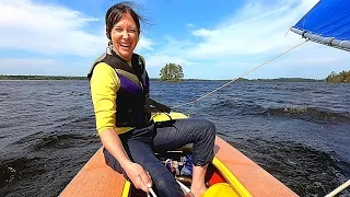 Megan sails a Sunfish for the first time--high wind.