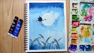 Easy Watercolor Landscape Painting Tutorial Step by Step for Beginners / Easy Bird & Moon Painting