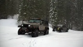 Deep Snow Jeep Wrangler and Toyota Tacoma Snowrun to Elk Lake in Oregon