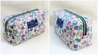 ボックスポーチ作り方  型紙作り方  How to sew a zipper box pouch 裏地付き 縫い代の見えない作り方　30cmファスナー使用