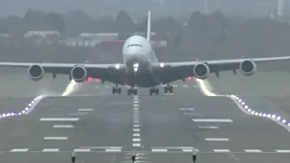 Emirates A380 departure from a blustery Birmingham Airport to DXB. Reg A6-EVB