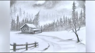 How to draw a Winter Cottage| Simple Snowy landscape Scenery in Pencil| Snowy day Pencil Shading