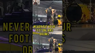 Lars Ulrich messing with Robert Trujillo resting foot on drums at Metallica concert M72 Gothenburg