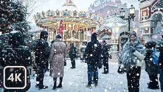 【4K】Snowstorm in Moscow and Christmas Markets | Winter in Moscow, Russia