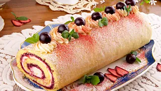 🍰Очень вкусный десерт! Бисквитный рулет с фруктовым джемом и кремом из творожного сыра!